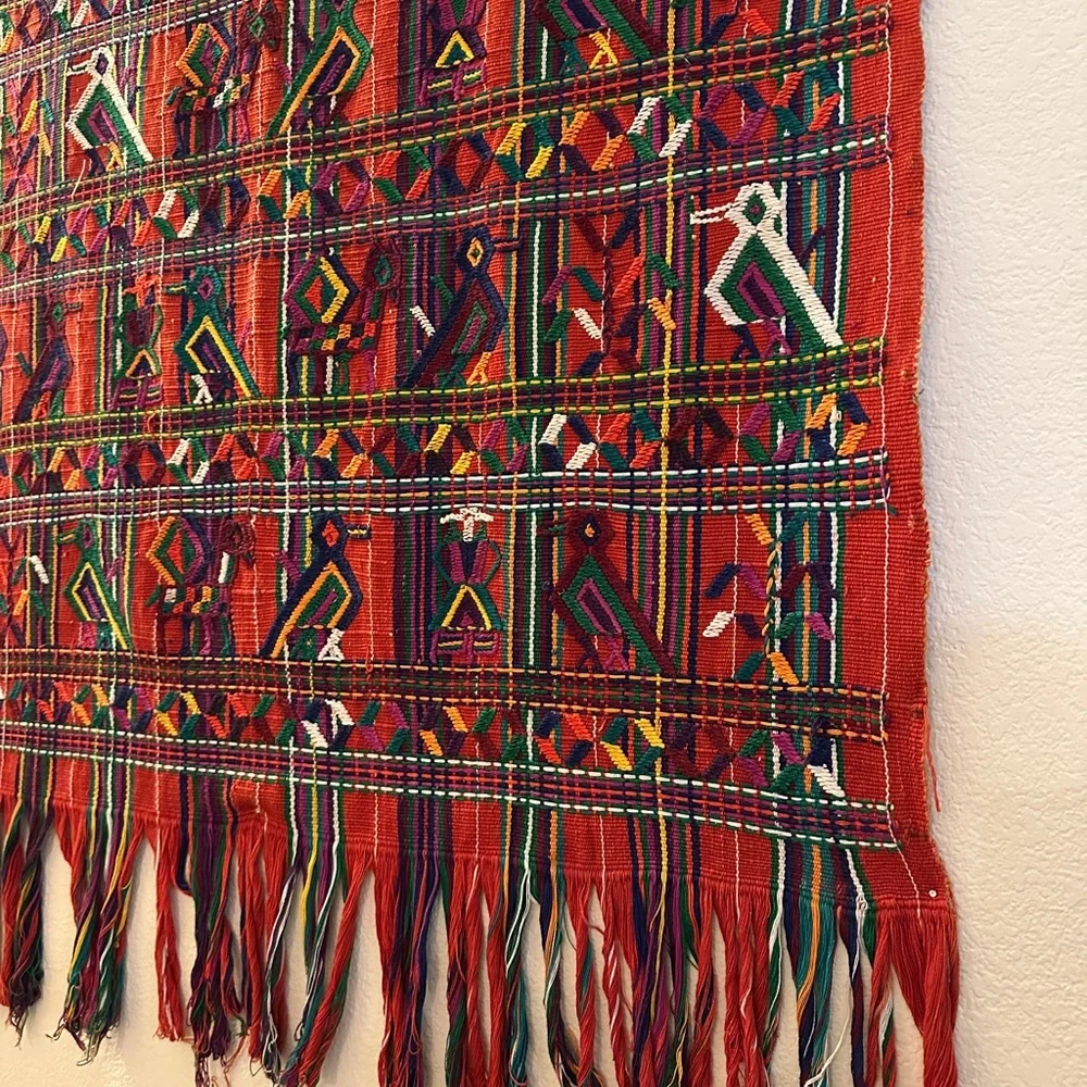 Vintage Guatemalan Ceremonial‎ Textile Red Bird Embroidery Folk Art Wall Hanging